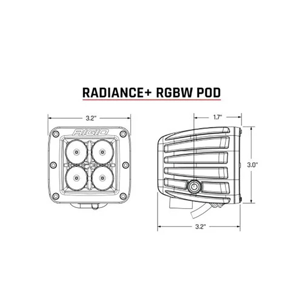 RADIANCE+ RGBW Pod LED light technical diagram with dimensions, 3.2" x 3.0" size specs