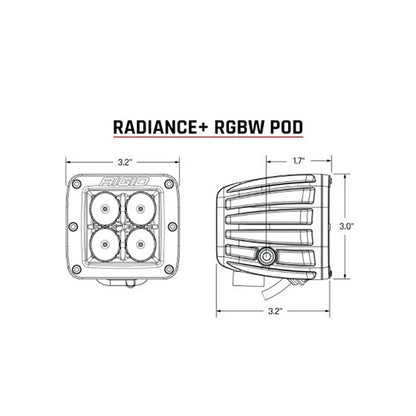 RADIANCE+ RGBW Pod LED light technical diagram with dimensions, 3.2" x 3.0" size specs