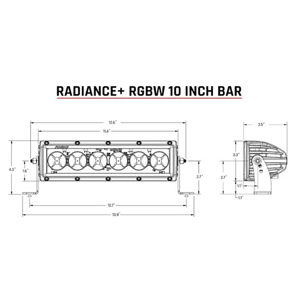 Radiance+ RGBW 10-inch LED light bar technical diagram with dimensions for off-road vehicle installation