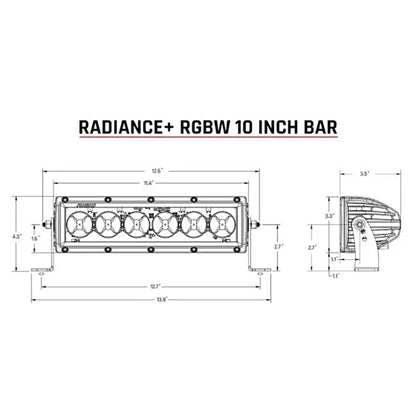Radiance+ RGBW 10-inch LED light bar technical diagram with dimensions for off-road vehicle installation