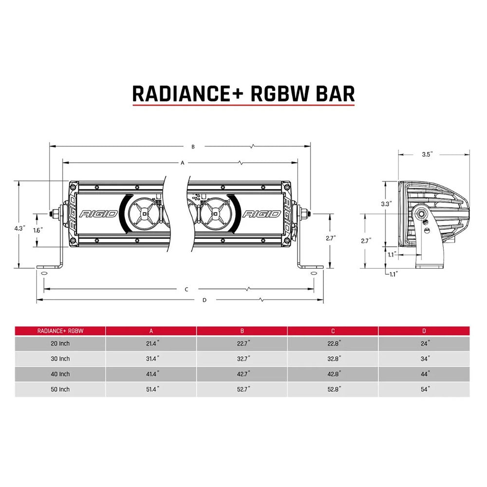 Rigid Radiance+ RGBW LED light bar dimensions and specs for off-road and vehicle lighting installations