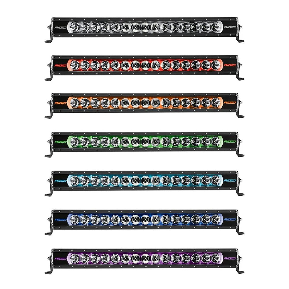 Rigid Industries LED light bars in multiple colors for off-road and vehicle lighting