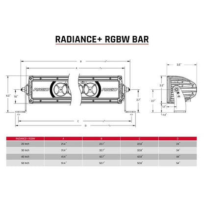 Rigid Radiance+ RGBW LED light bar dimensions and specs for off-road and automotive use