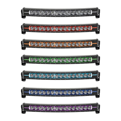 Rigid LED light bars in white, red, amber, green, cyan, blue, and purple for off-road and auto lighting