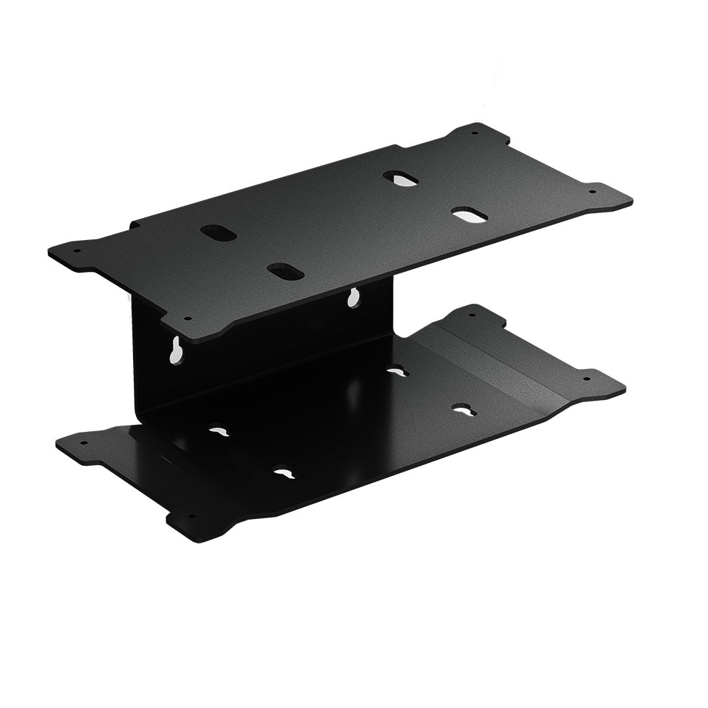 Black dual-layer car audio amplifier mounting bracket with precision cutouts for secure installation