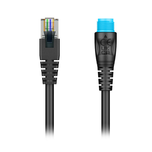 Black Ethernet cable with RJ45 and blue connector, CE UK CA certified for reliable network connection.