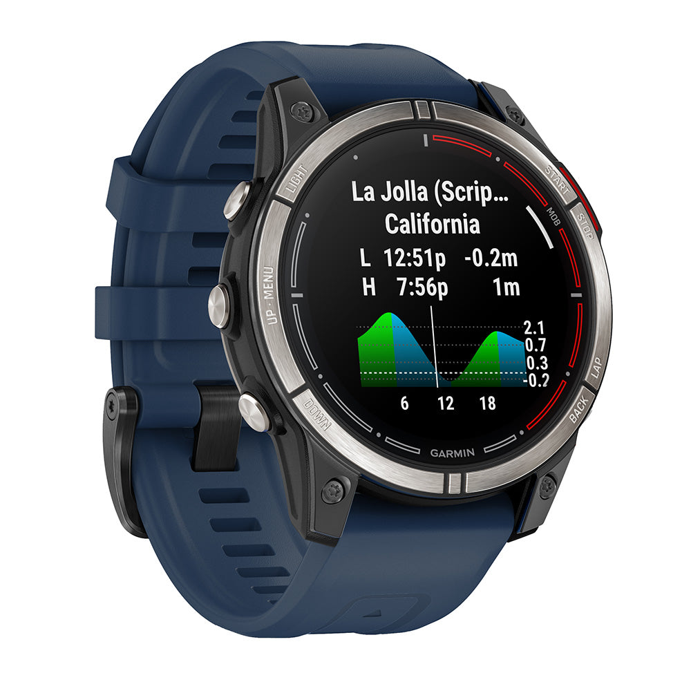 Garmin smartwatch displaying tide data for La Jolla, California with blue silicone strap