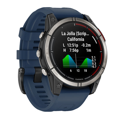 Garmin smartwatch displaying tide data for La Jolla, California with blue silicone strap