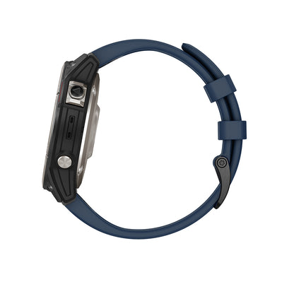 Rugged smartwatch with navy blue strap and side buttons, ideal for outdoor adventures.