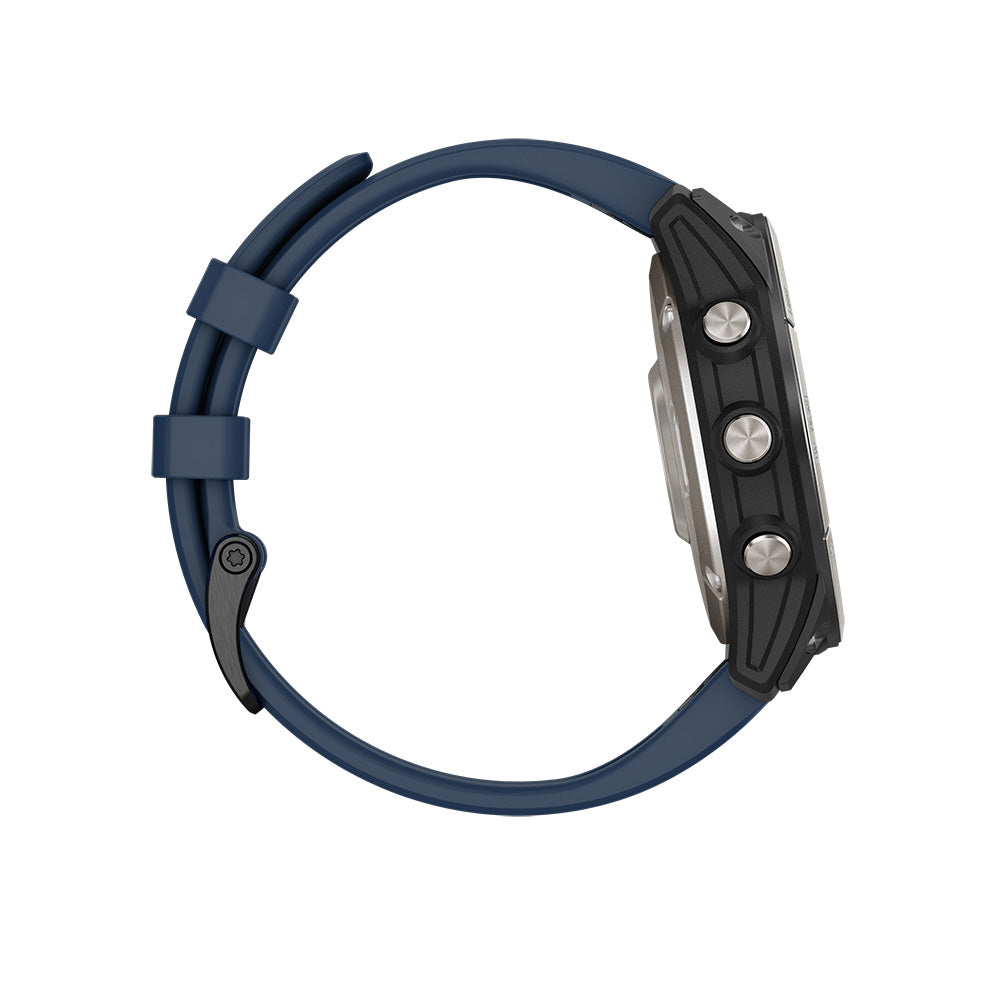 Blue smartwatch with black case and three silver buttons, side view