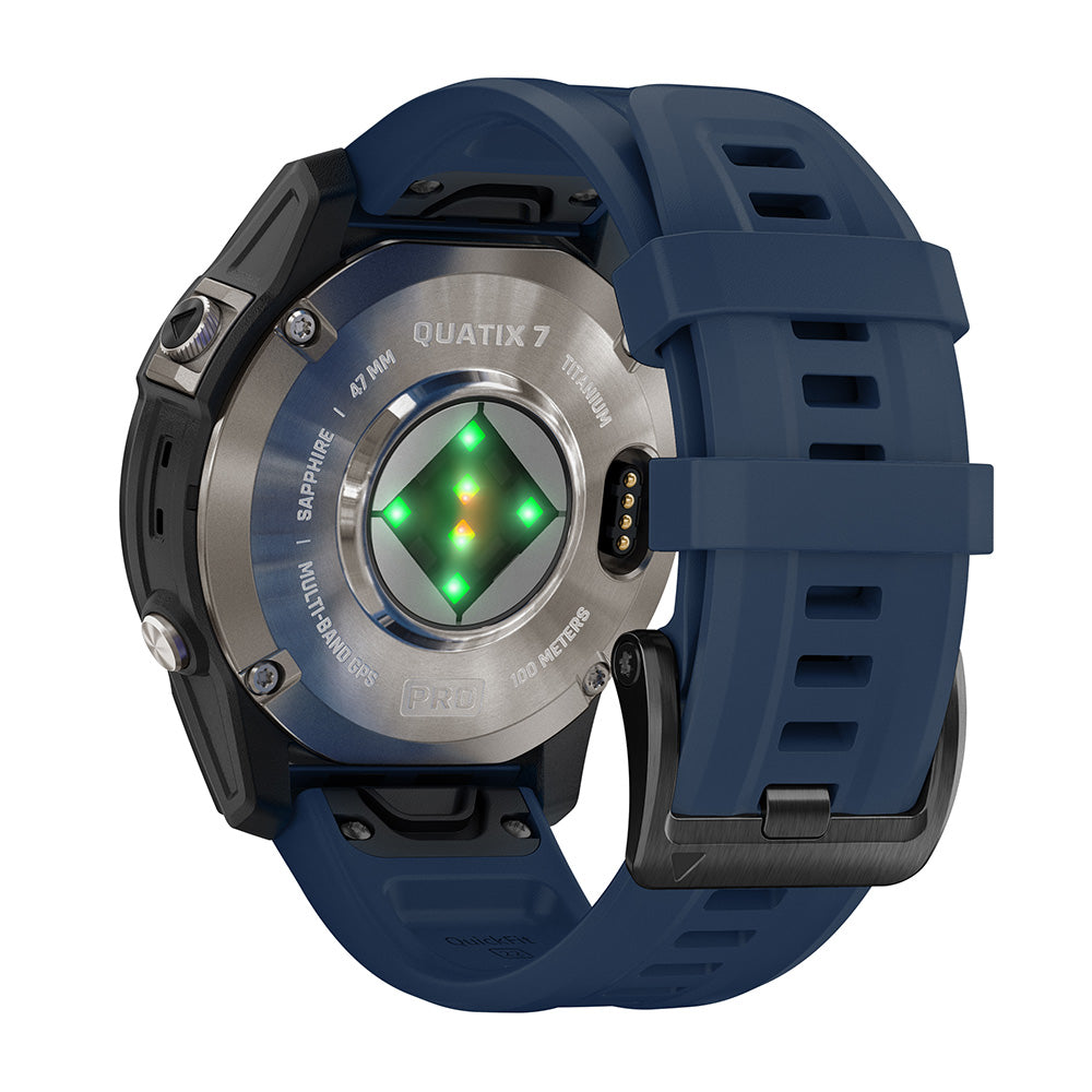 Quatix 7 Pro smartwatch with titanium case, sapphire lens, multi-band GPS, and blue rubber strap