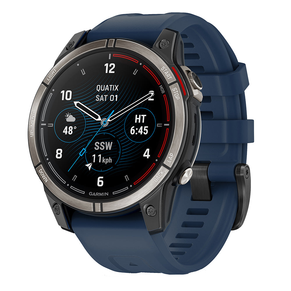 Garmin Quatix smartwatch with blue strap, displaying weather, wind, and time data on its screen