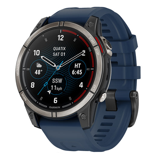 Garmin Quatix smartwatch with blue strap, displaying weather, wind, and time data on its screen