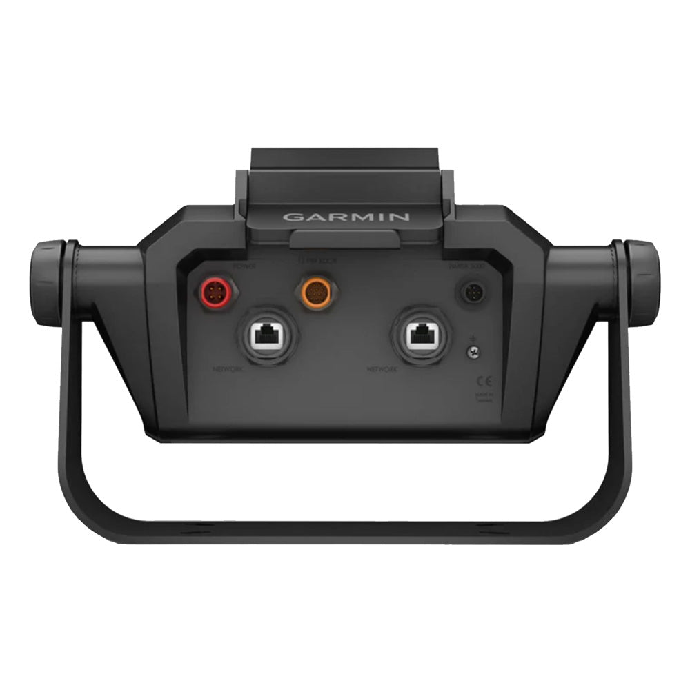 Garmin marine display rear panel with power and network ports for boat audio installation