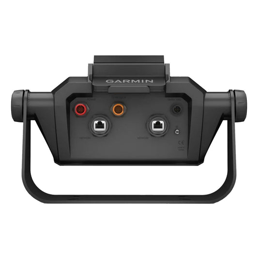 Garmin marine display rear panel with power and network ports for boat audio installation