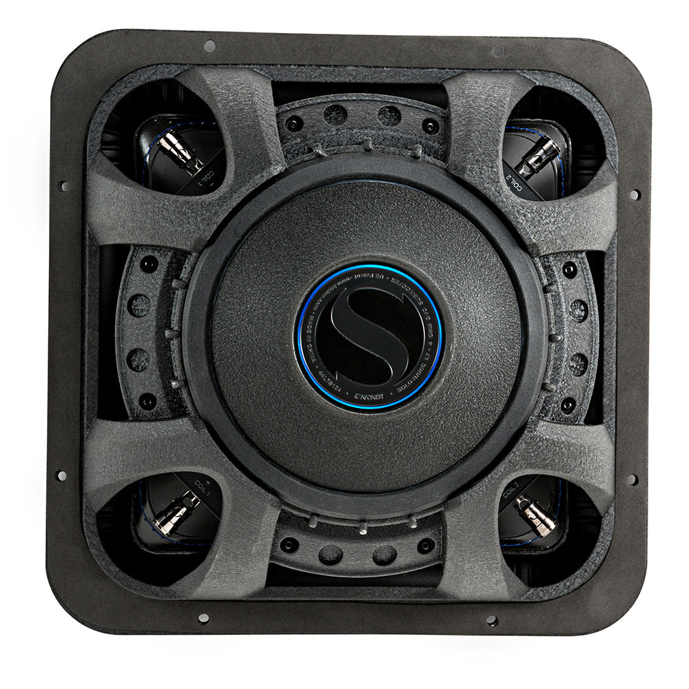 Kicker subwoofer with dual voice coils and blue accent ring, high-performance car audio component