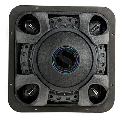 Kicker subwoofer with dual voice coils and blue accent ring, high-performance car audio component