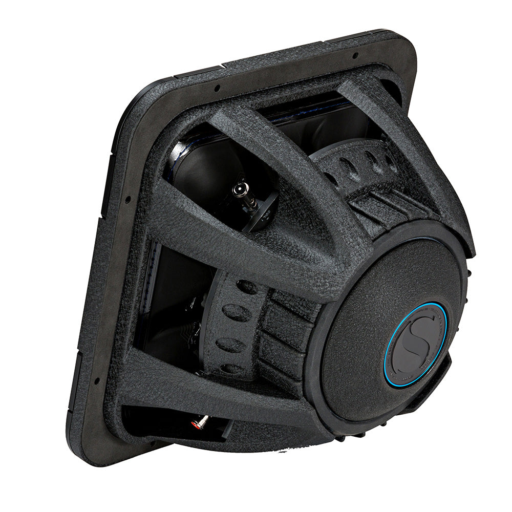 Black car subwoofer with blue accent ring, high-performance audio component for vehicle sound systems