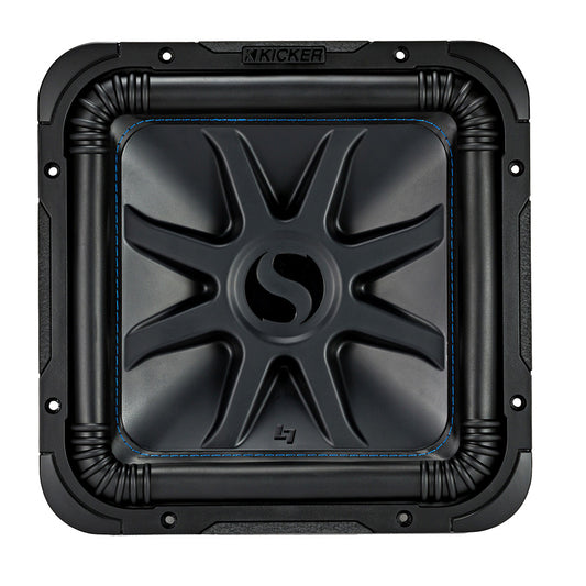 Kicker L7 square subwoofer with blue stitching, high-performance car audio bass speaker