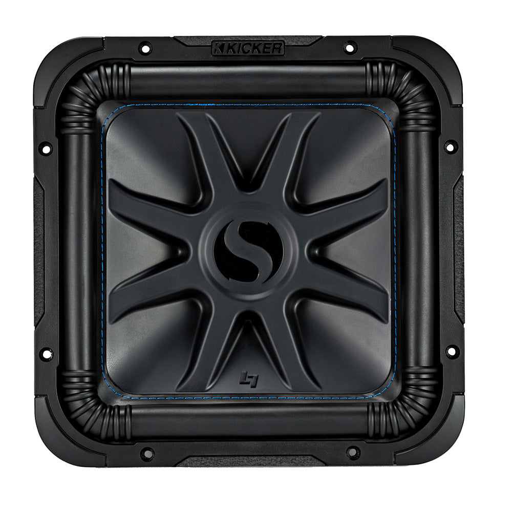Kicker L7 square subwoofer with blue stitching, high-performance car audio component
