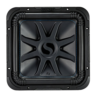 Kicker L7 square subwoofer with blue stitching, high-performance car audio component