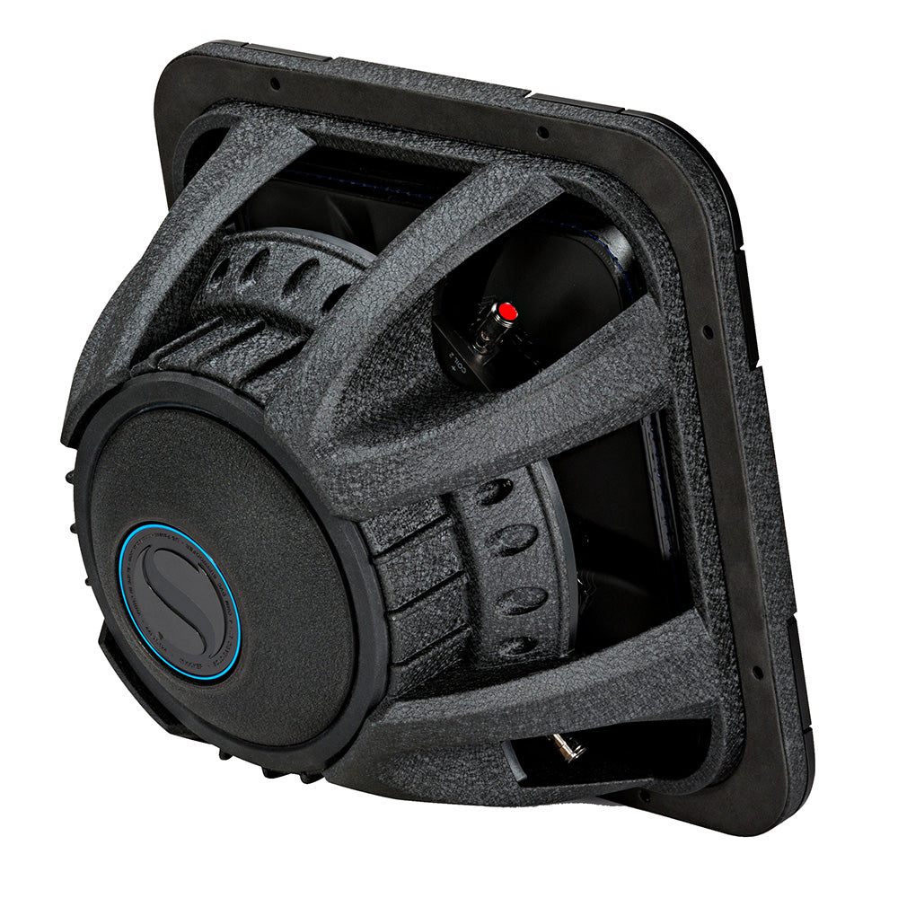 Black JL Audio subwoofer with blue accent ring, high-performance car audio component for custom installations