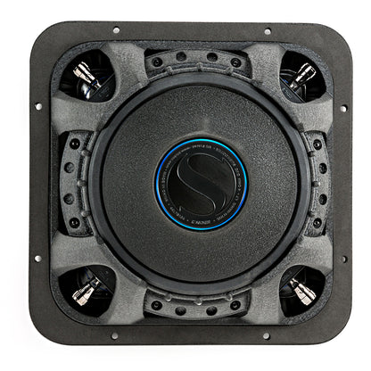 High-performance car subwoofer with dual voice coils and blue accent ring for premium audio installation