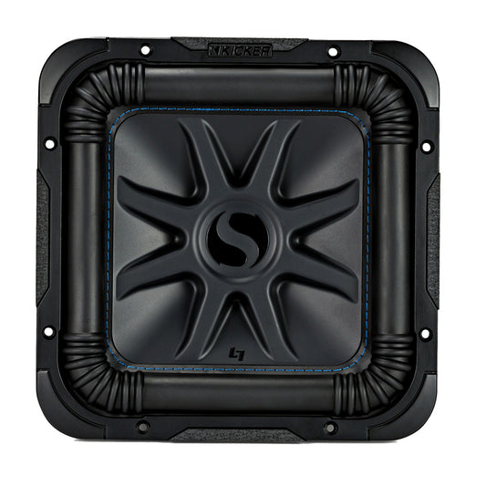 Kicker L7 square subwoofer with blue stitching, high-performance car audio component