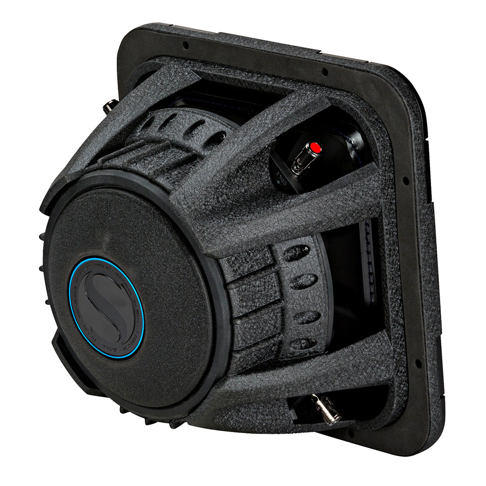 Black car subwoofer with blue accent ring, installed in custom enclosure for auto audio systems