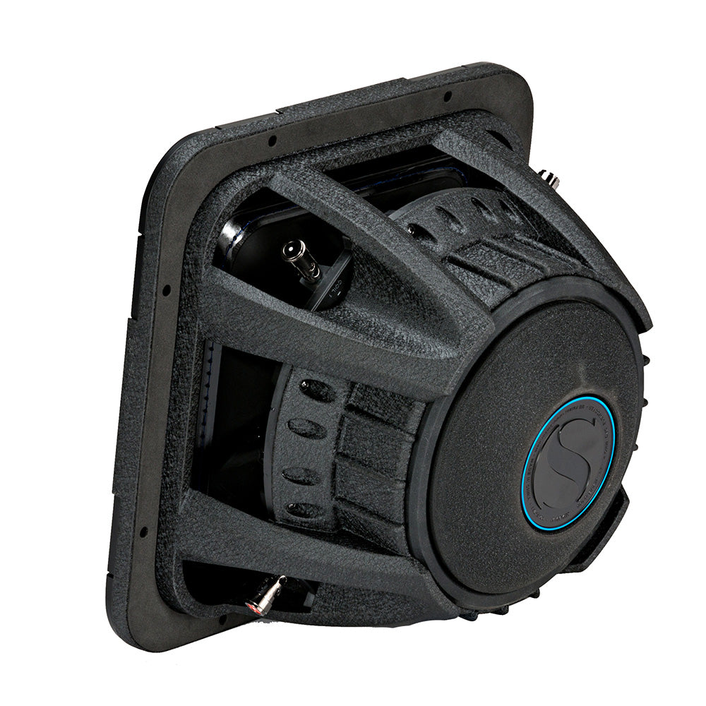 Black car subwoofer with blue accent ring, designed for high-performance audio installation