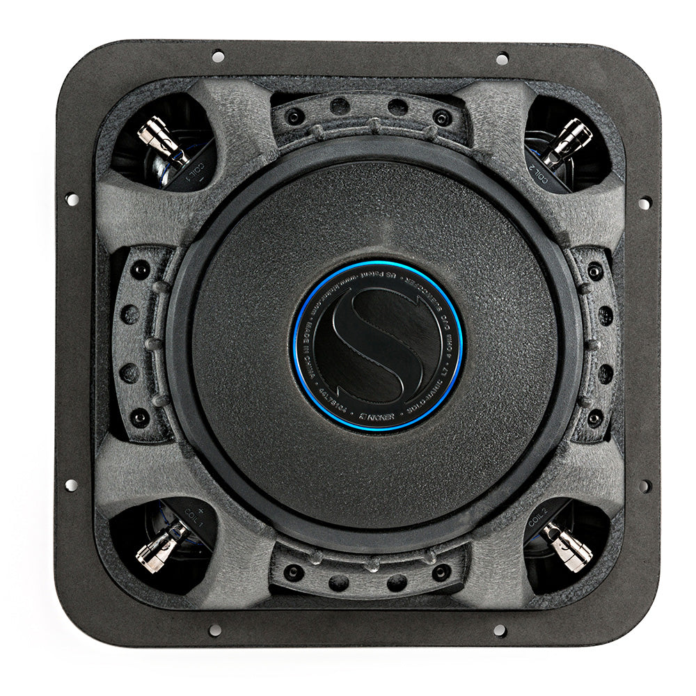High-performance car subwoofer with dual voice coils and blue accent ring for premium audio installation