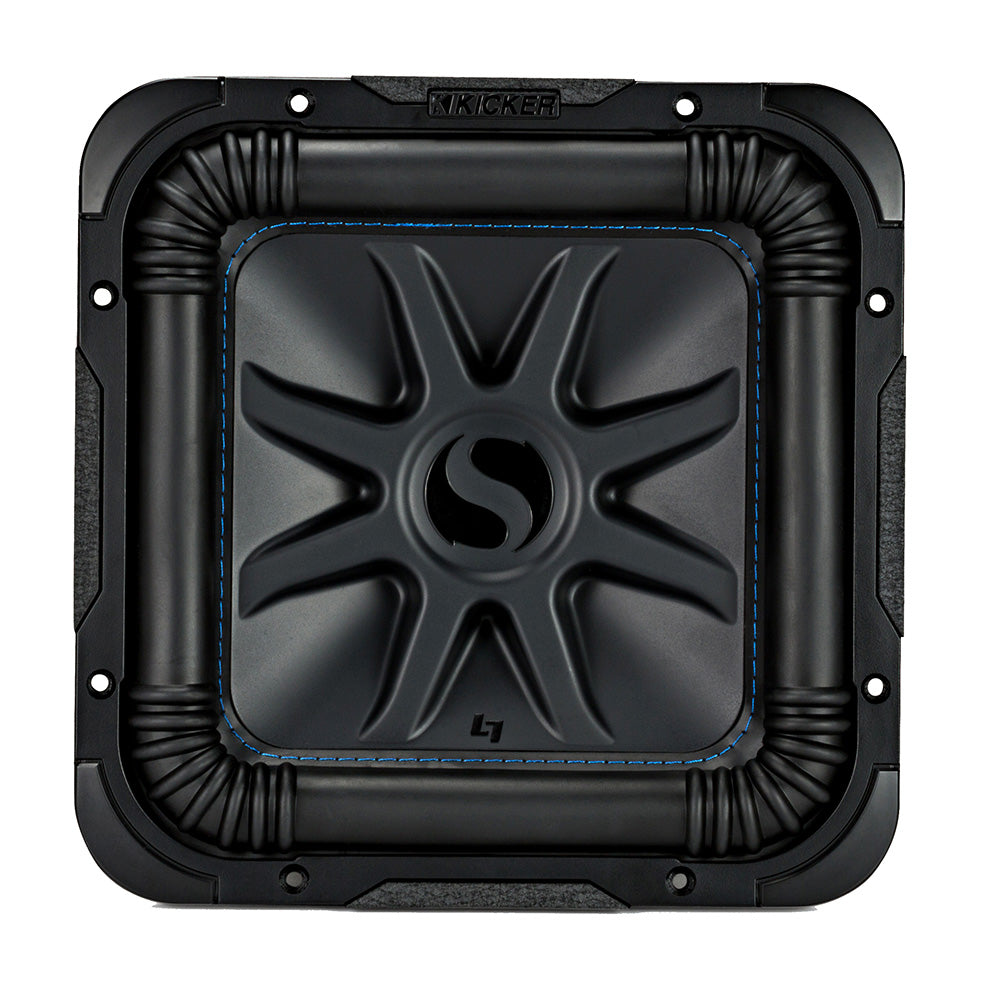 Kicker L7 square subwoofer with blue stitching, high-performance car audio component