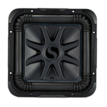 Kicker L7 square subwoofer with blue stitching, high-performance car audio component