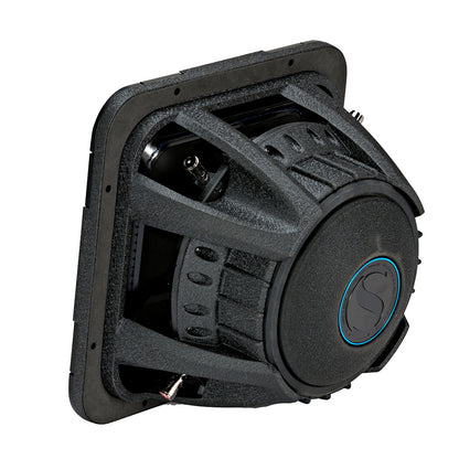 Black car subwoofer with blue accent ring, high-performance audio component for vehicle sound systems