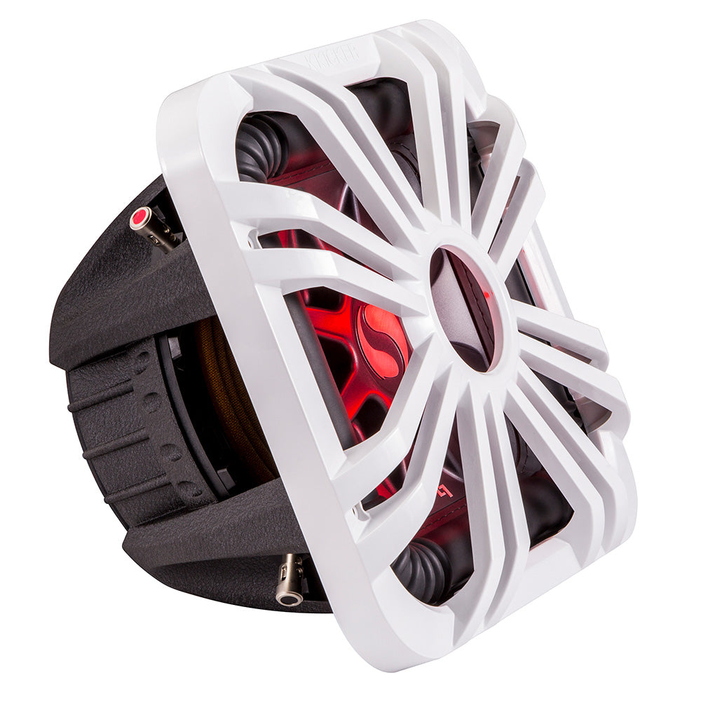 White marine subwoofer with red LED lighting and protective grille for boat audio systems