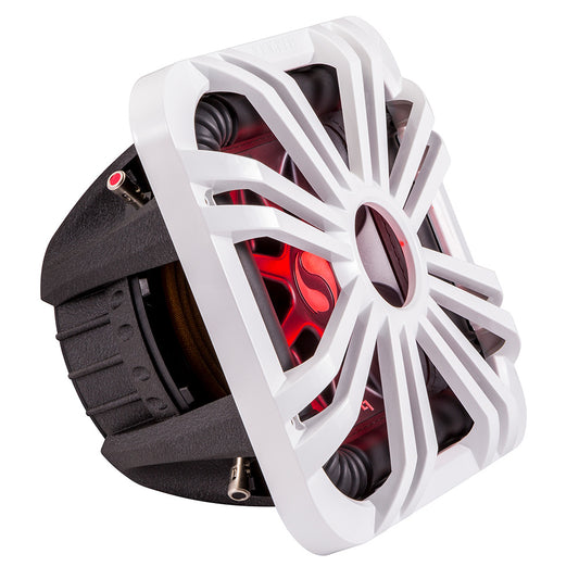 White marine subwoofer with red LED lighting, rugged design for boat audio systems