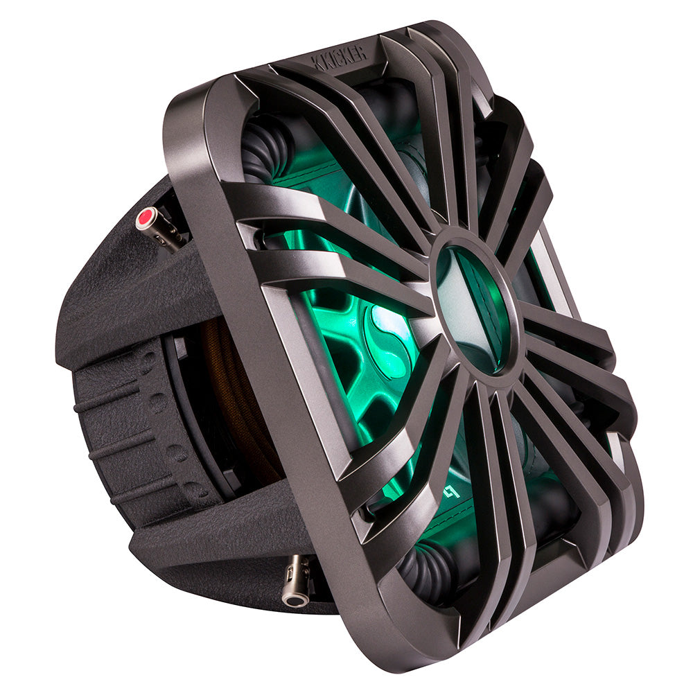 Kicker marine subwoofer with green LED lighting and rugged grille design for boat audio systems
