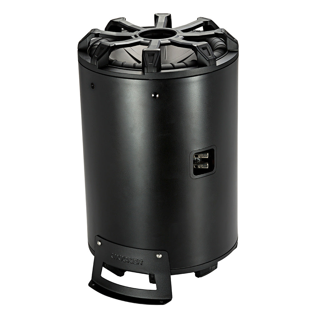 Kicker marine subwoofer with rugged black enclosure and mounting bracket for boat audio systems