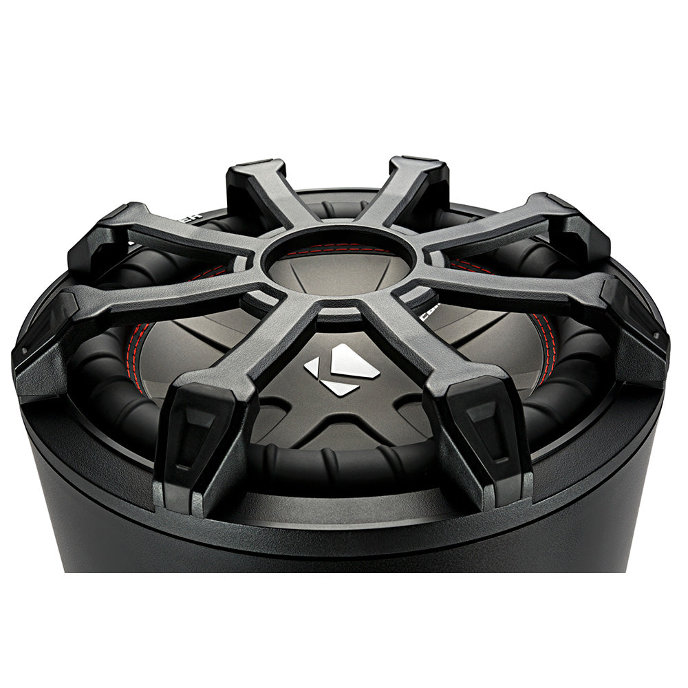 Black marine subwoofer with red stitching and rugged grille design for boat audio systems
