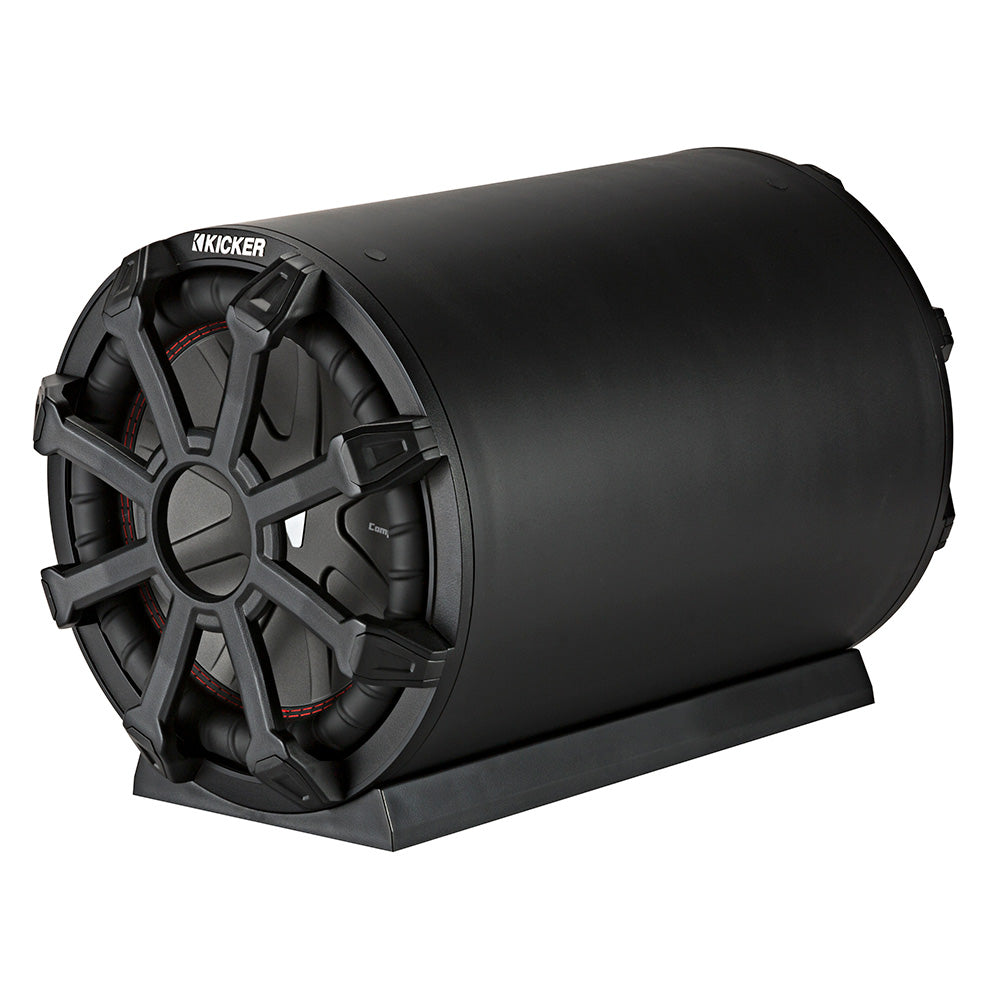 Kicker marine subwoofer with rugged grille and red stitching, designed for boat audio systems