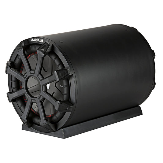 Kicker marine subwoofer with rugged grille and red stitching, designed for boat audio systems