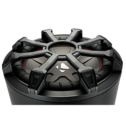 Black marine subwoofer with red stitching and rugged grille, designed for high-performance audio systems.