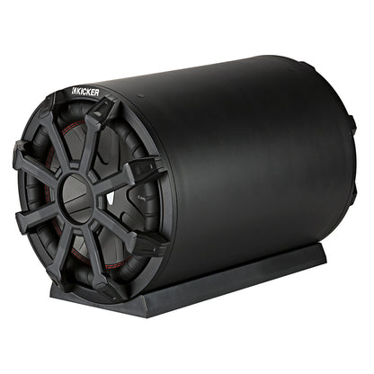 Kicker marine subwoofer with rugged grille and red stitching, designed for boat audio systems