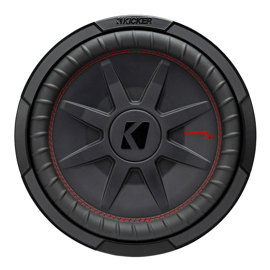 Kicker CompRT subwoofer with red stitching, high-performance car audio bass speaker