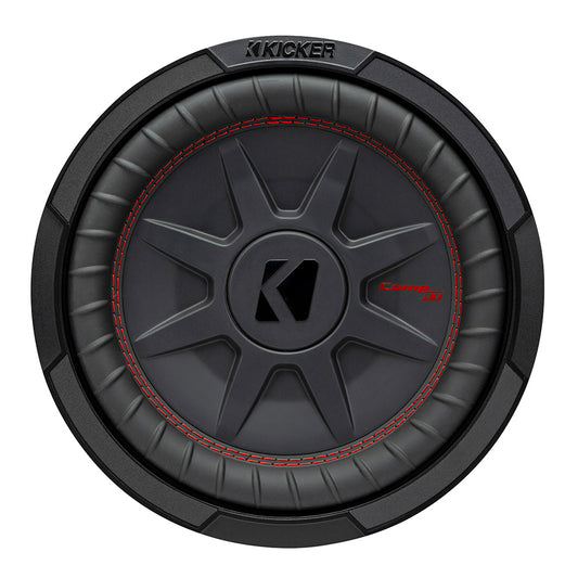 Kicker Comp R subwoofer with red stitching, high-performance car audio bass speaker