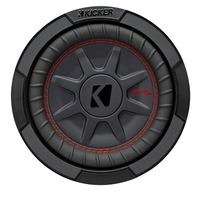 Kicker Comp RT subwoofer with red stitching, high-performance car audio bass speaker