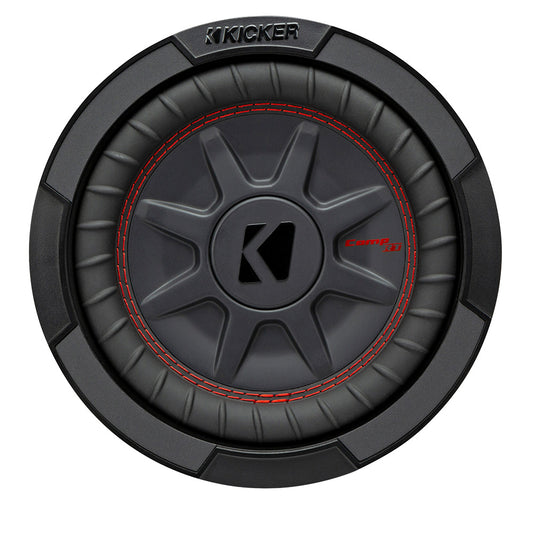 Kicker Comp RT subwoofer with red stitching, high-performance car audio bass speaker