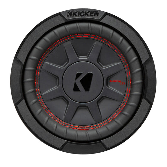 Kicker Comp RT subwoofer with red stitching, high-performance car audio bass speaker