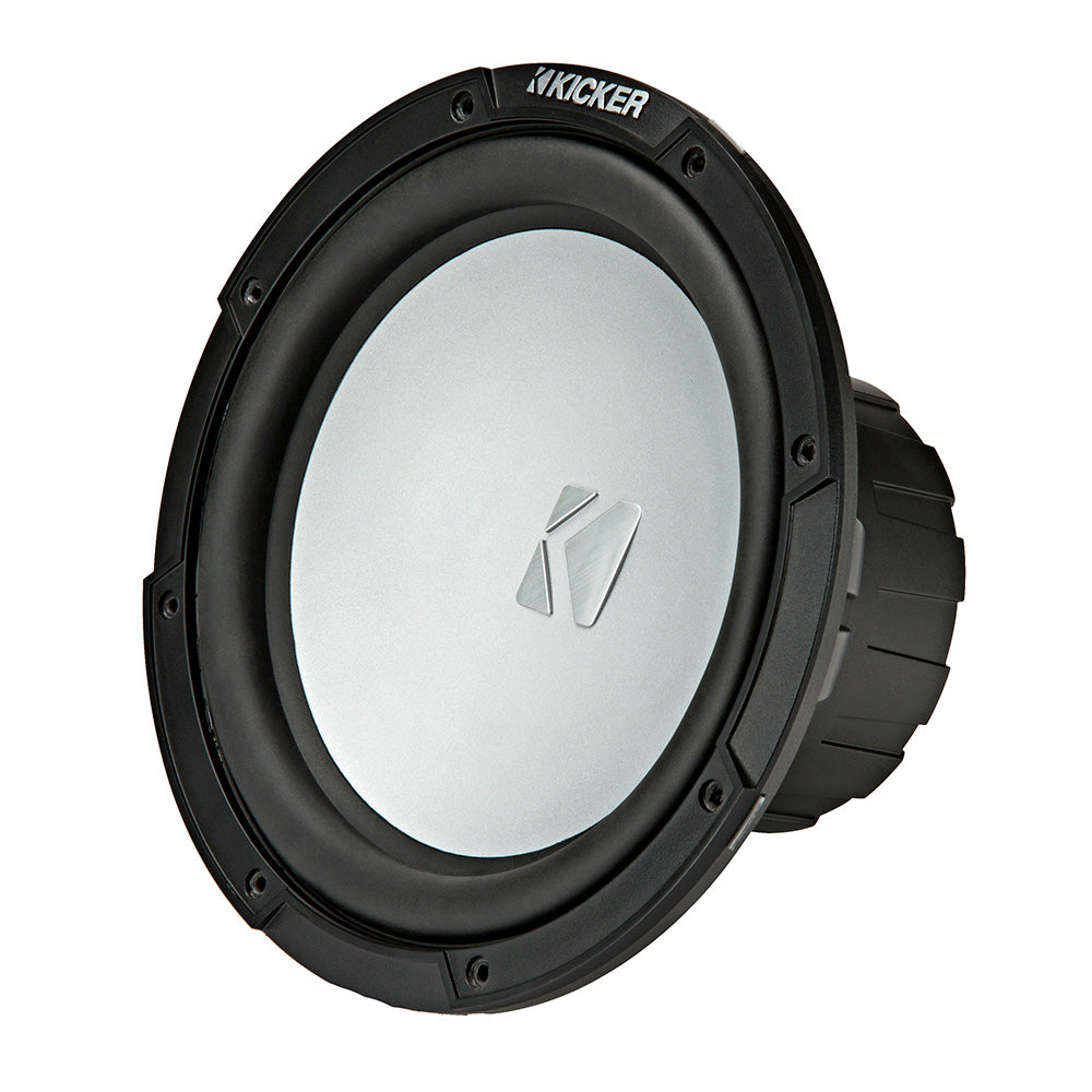 Kicker subwoofer with silver cone and black frame, high-performance car audio component