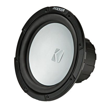 Kicker subwoofer with silver cone and black frame, high-performance car audio component
